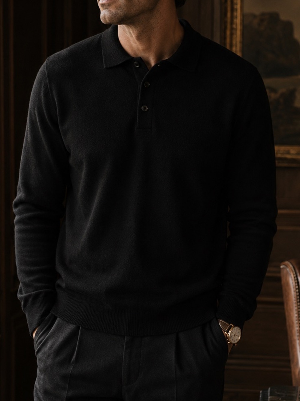 Club Room Black Fine Cashmere Polo Collar Sweater Classic Luxury Preppy